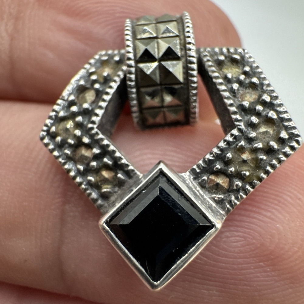 Vintage Judith Jack Designer Signed 925 Sterling Silver Onyx Marcasite Pendant